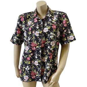 Joan Leslie Black Floral Button Up Blouse Short Sleeve Collared Vintage Top